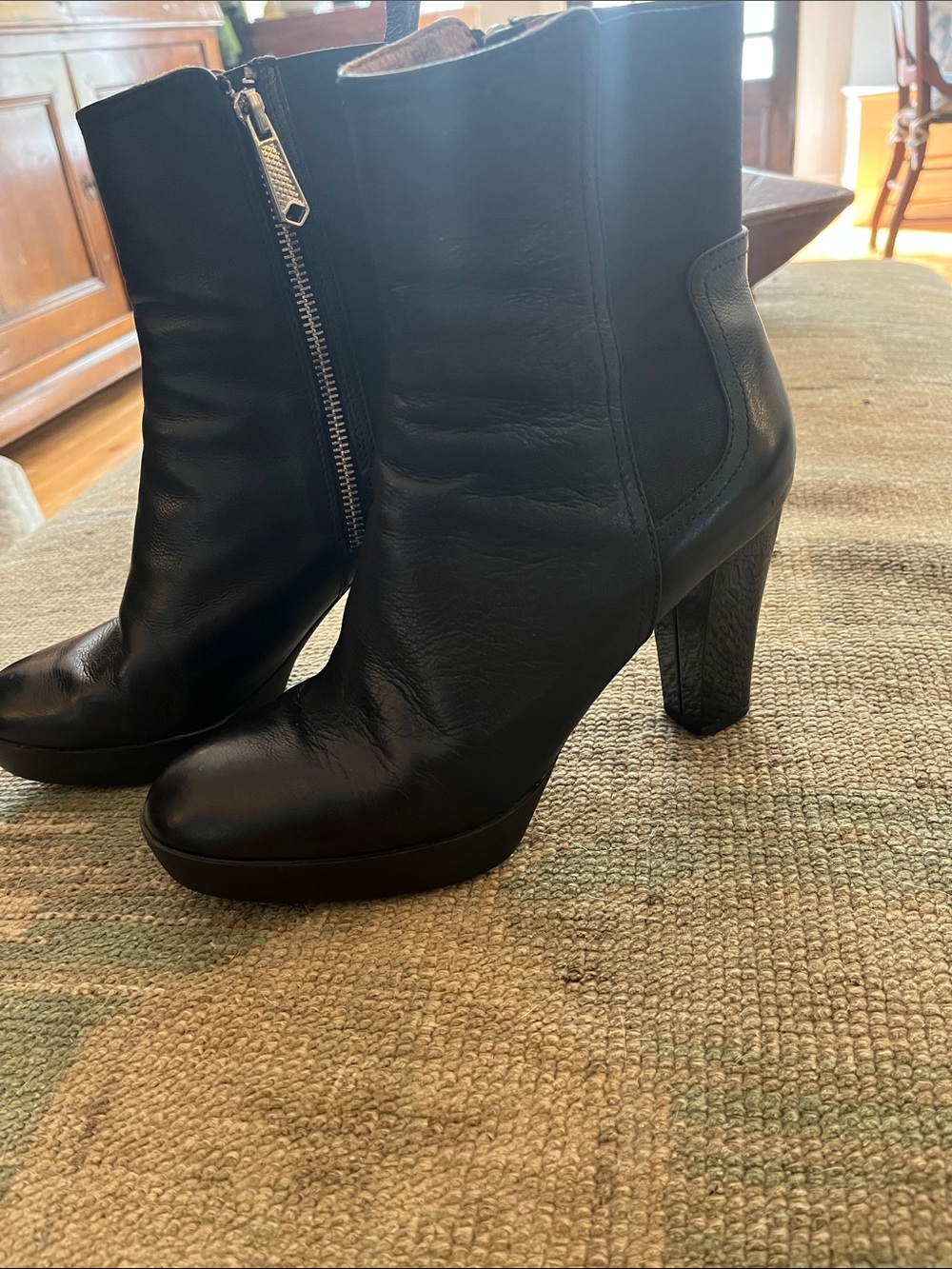Donald J. Pliner Black Leather High Block Heel Ankle Boots with Side Zip